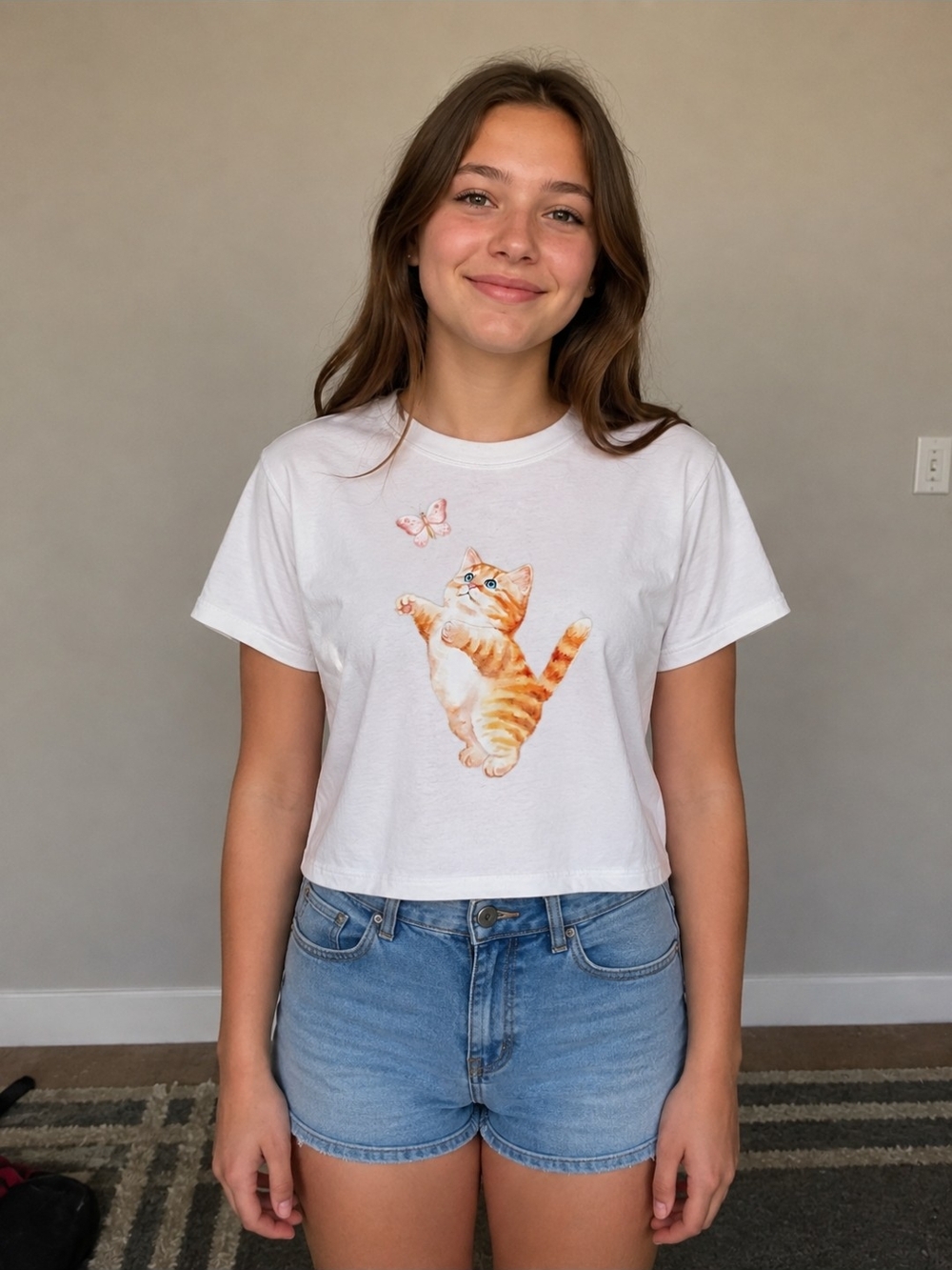 White Cat Graphic Crop Tee - Playful Kitten Design